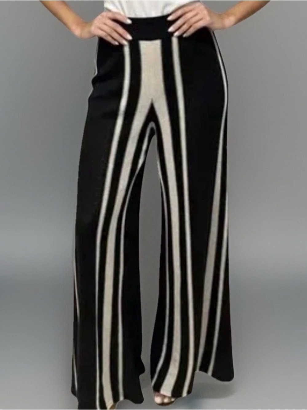 Zara Linen Blend Knit Pull On Wide Pants Women’s L Black Cream Striped Lagenlook
